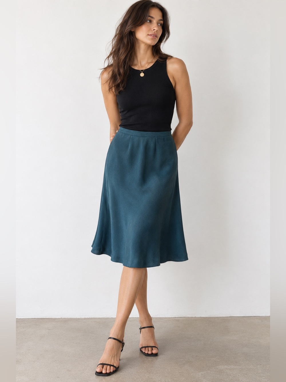 Vintage Y2K Dressbarn 100% Silk Teal A-Line Midi Skirt 12
